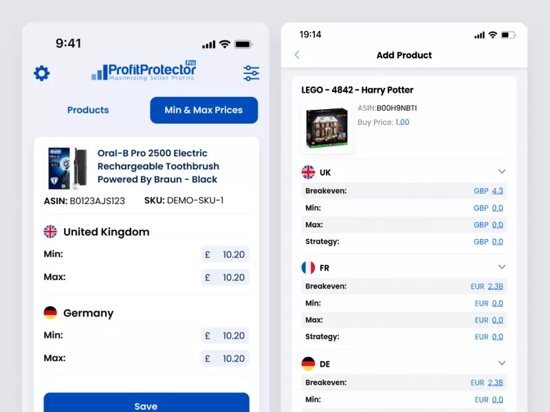 ProfitProtectorPro and BuyBotGo Amazon seller app interface